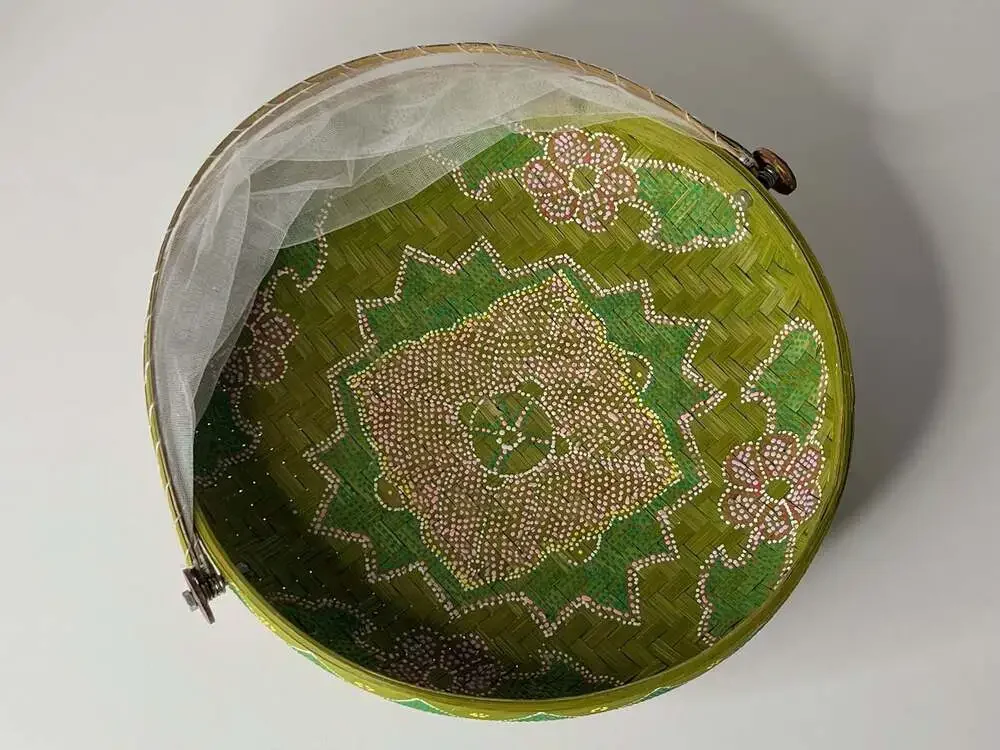 Vintage Hand-Woven Bamboo Folding Mesh Food Cover Basket Floral Hand-Painting